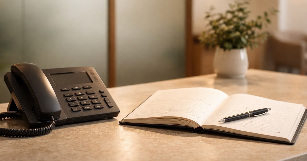 Traditional clinic reception desk with phone and appointment book, representing manual booking processes that AI receptionist can optimize