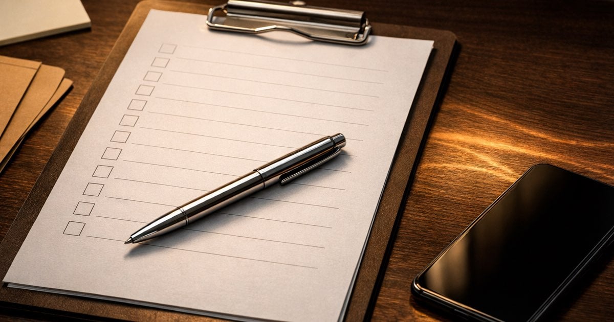 Clipboard checklist on a desk representing due diligence questions for selecting an AI receptionist vendor