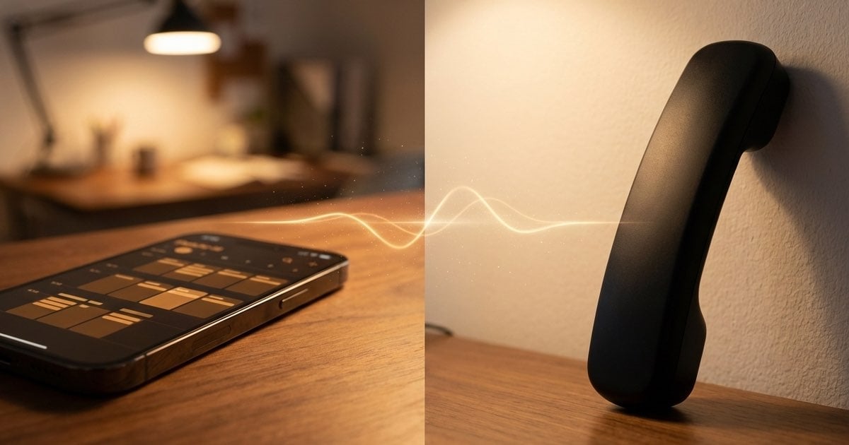 Smartphone with booking data connected to a classic phone receiver via a light wave, representing integrated phone and online booking systems