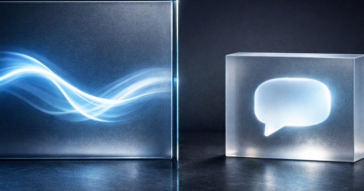 Glowing voice waveform meeting a chat bubble, representing voice vs chat AI support for SMEs