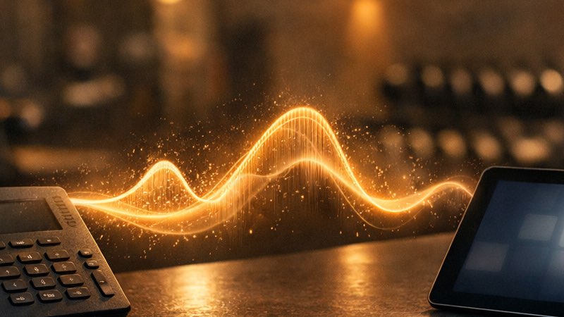 AI receptionist for gyms: phone and tablet connected by energy wave in gym setting