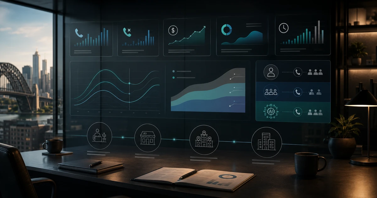 Australian business call-handling dashboard showing answered and missed calls, revenue trends, and human versus AI coverage