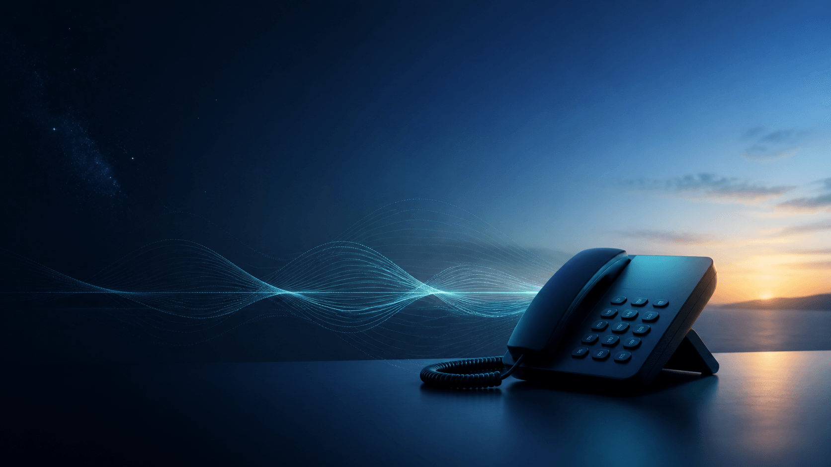 A dark navy desk phone beside a teal sound wave against a dawn-coloured sky