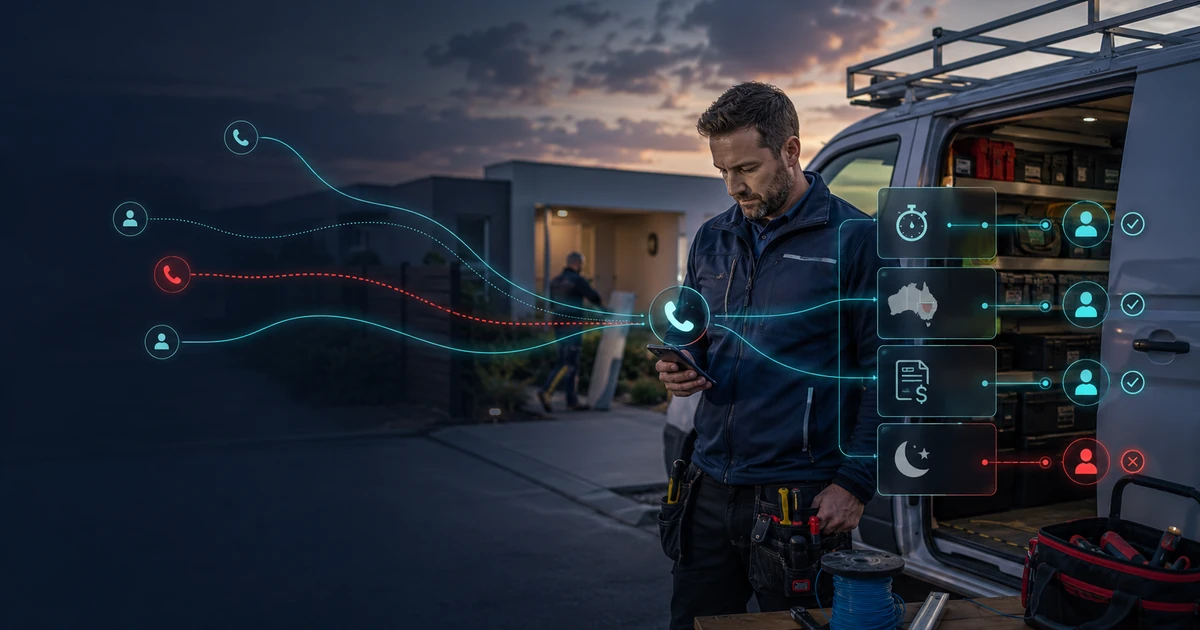 Australian tradesperson reviewing urgent and after-hours calls beside a service vehicle