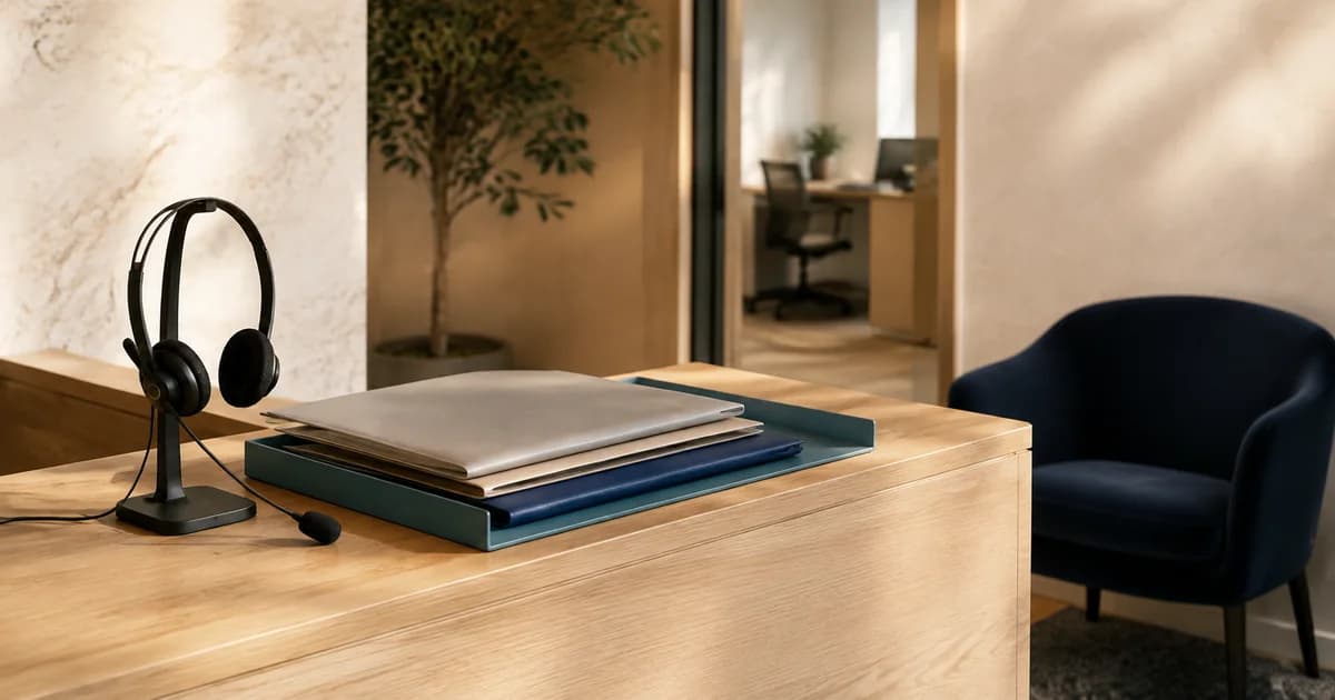 A quiet accounting reception with a headset and neatly arranged client intake folders