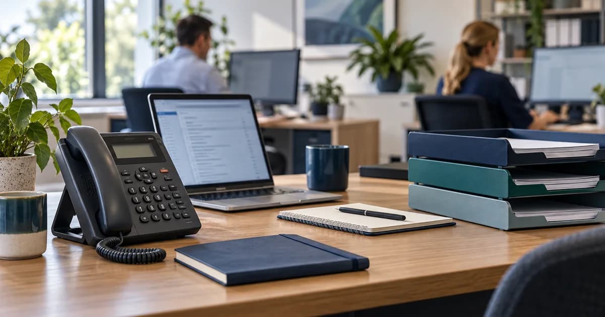 Illustrative accounting office with a desk phone, laptop and organised trays for staff follow-up