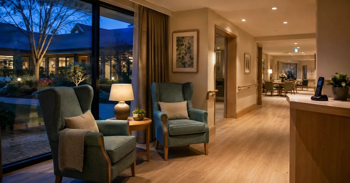 A warmly lit aged care lounge and corridor at dusk with an on-call handset at the staff station