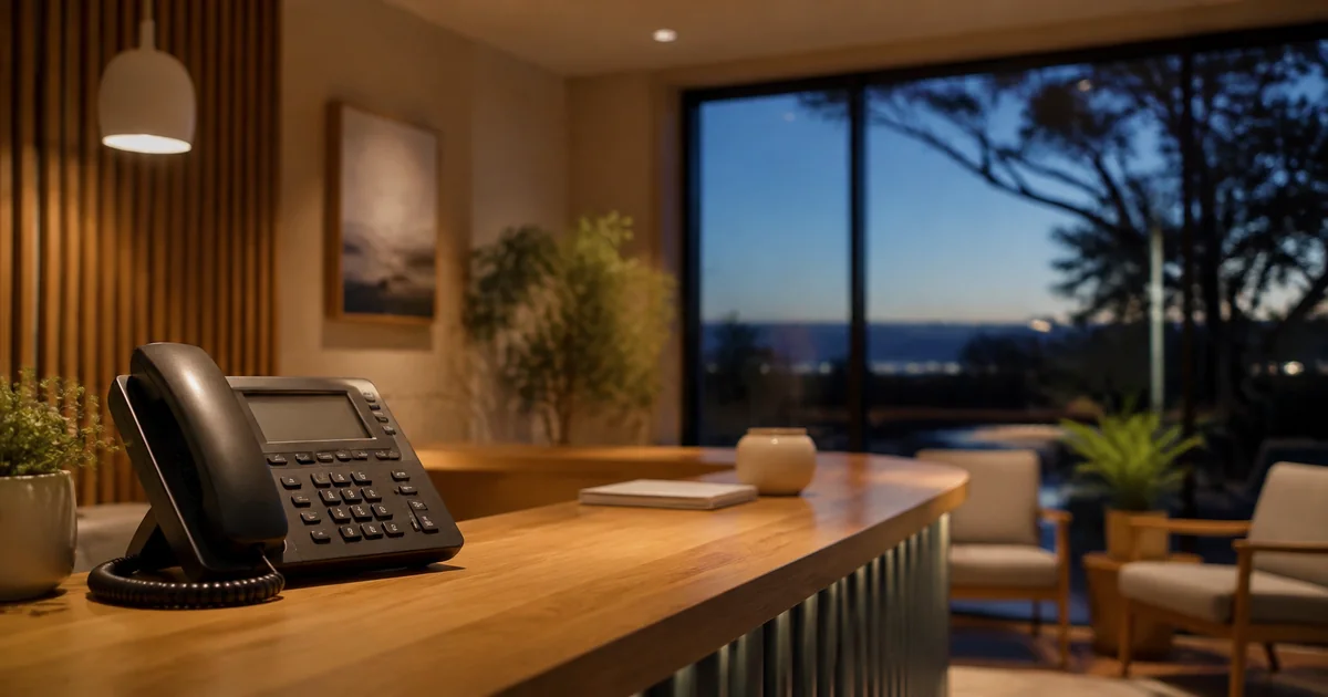 A reception desk with a phone and notebook as daylight fades outside
