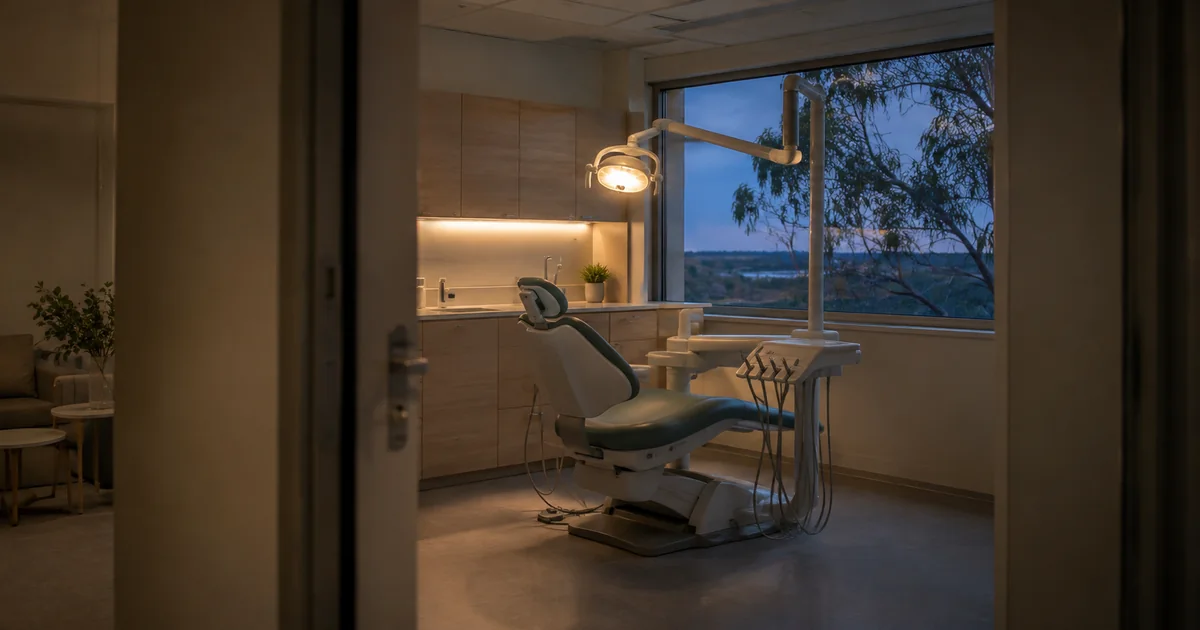 An empty dental surgery with a teal treatment chair and evening light through the window