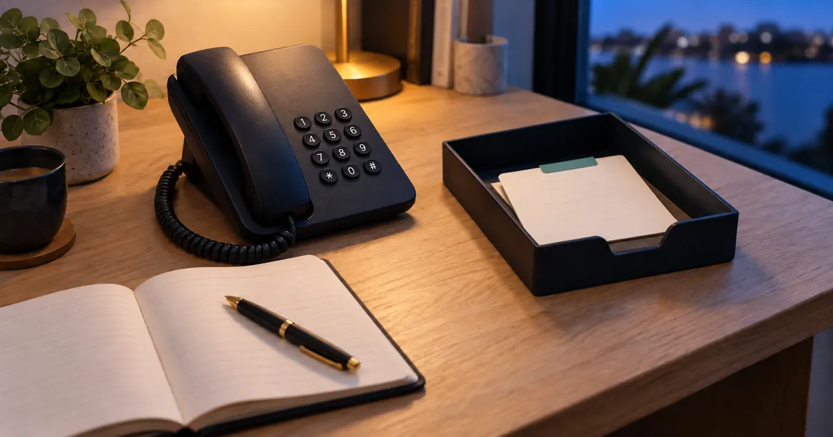 A desk phone and neatly arranged handoff notebook on an office desk at dusk