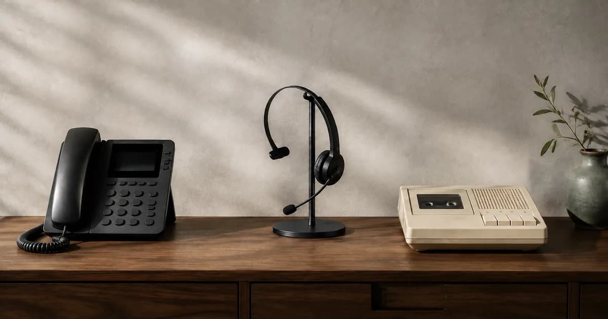 An office phone, telephone headset and cassette answering machine arranged side by side