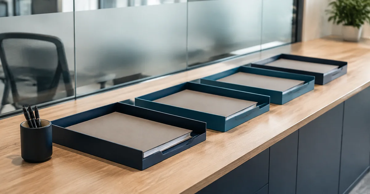 A staff workspace with separate document trays for accounting call handoffs