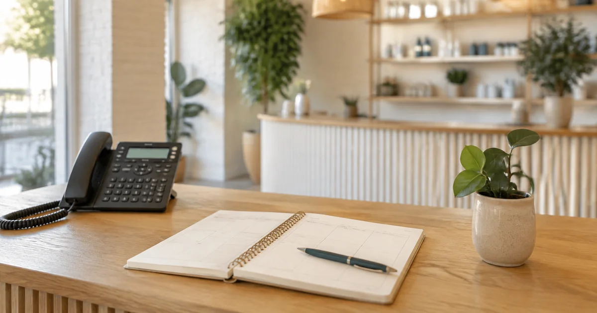 An appointment-based business reception desk with a phone and appointment diary