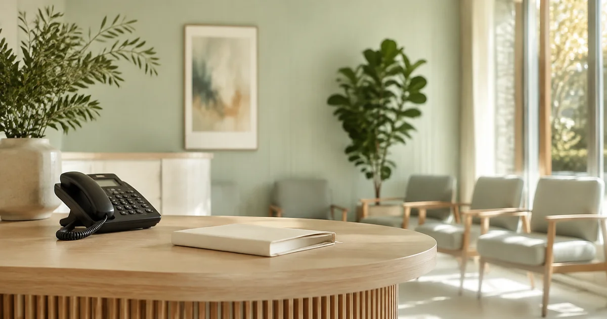 A calm clinic reception desk with a phone, notebook and waiting-room chairs