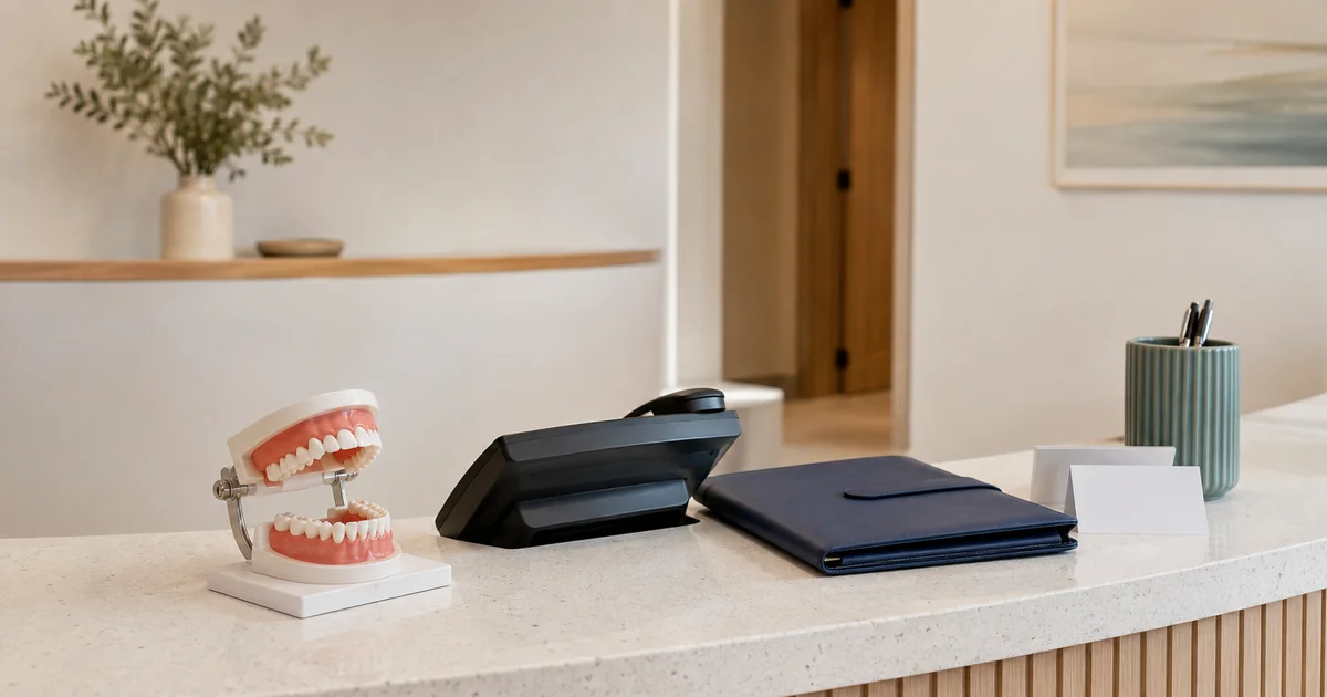 A dental reception counter with a demonstration tooth model, phone and closed appointment folio