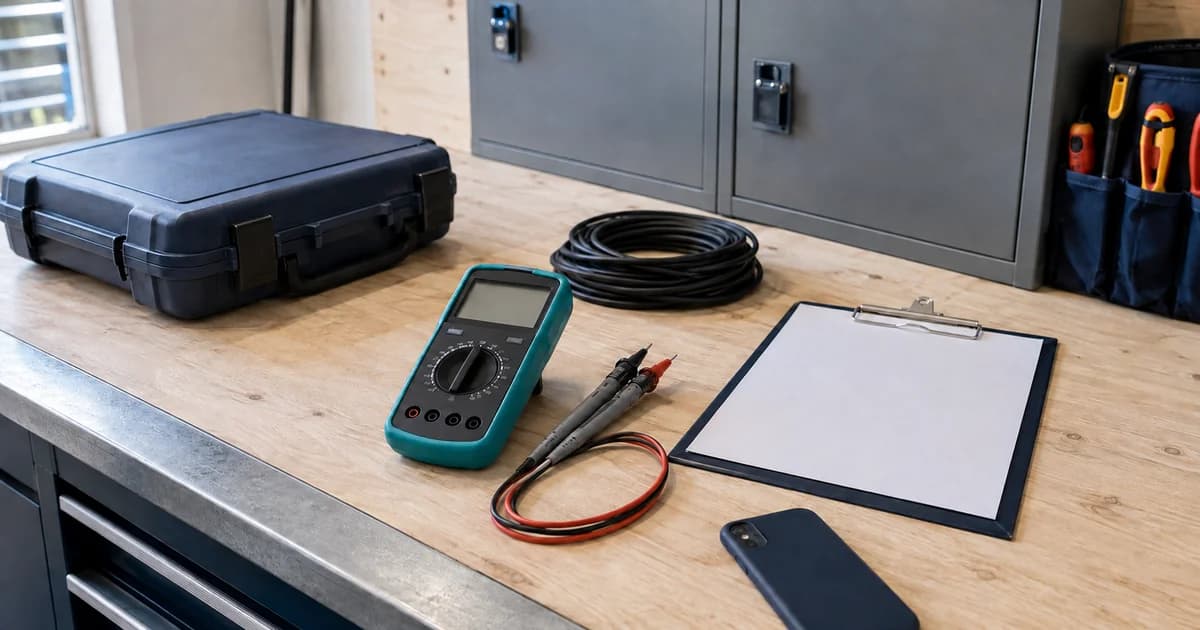 A multimeter, coiled cable and blank work-order clipboard on an electrician's workshop bench