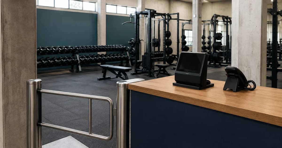 A gym check-in counter and access gate overlooking a neatly organised weights area