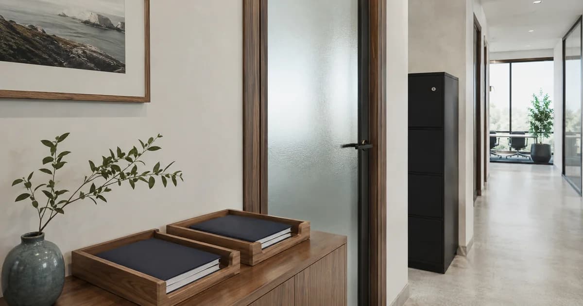 Closed client files organised beside a private consultation-room corridor