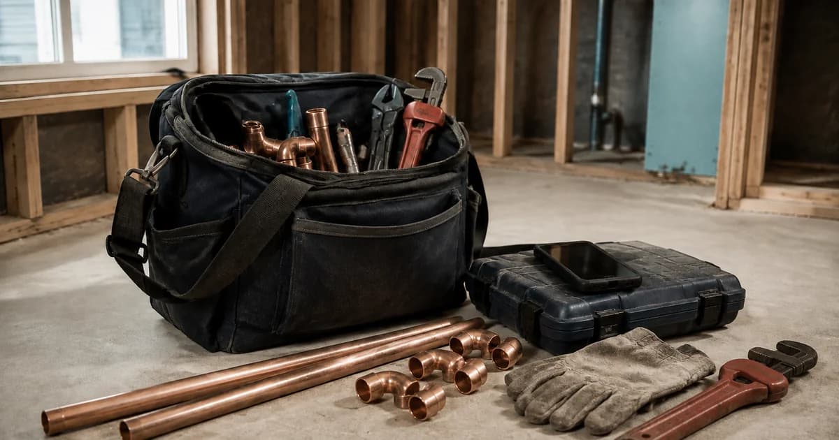 A plumber's tool bag, copper fittings and service phone at a residential work site