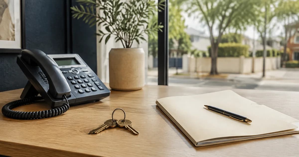 A property office desk with a phone, keys and an appointment notebook
