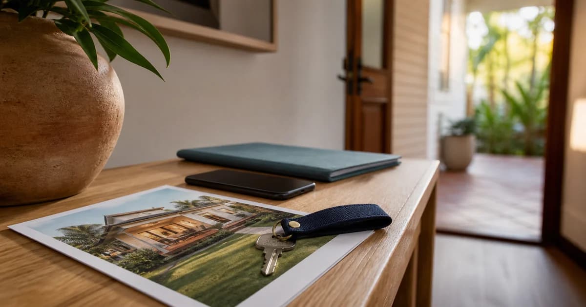 House keys and a photograph-only property brochure on a timber console inside an open home
