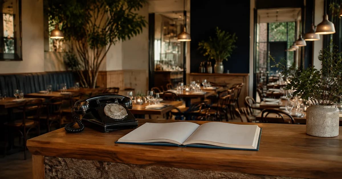 A restaurant reservations desk with a phone and open booking book