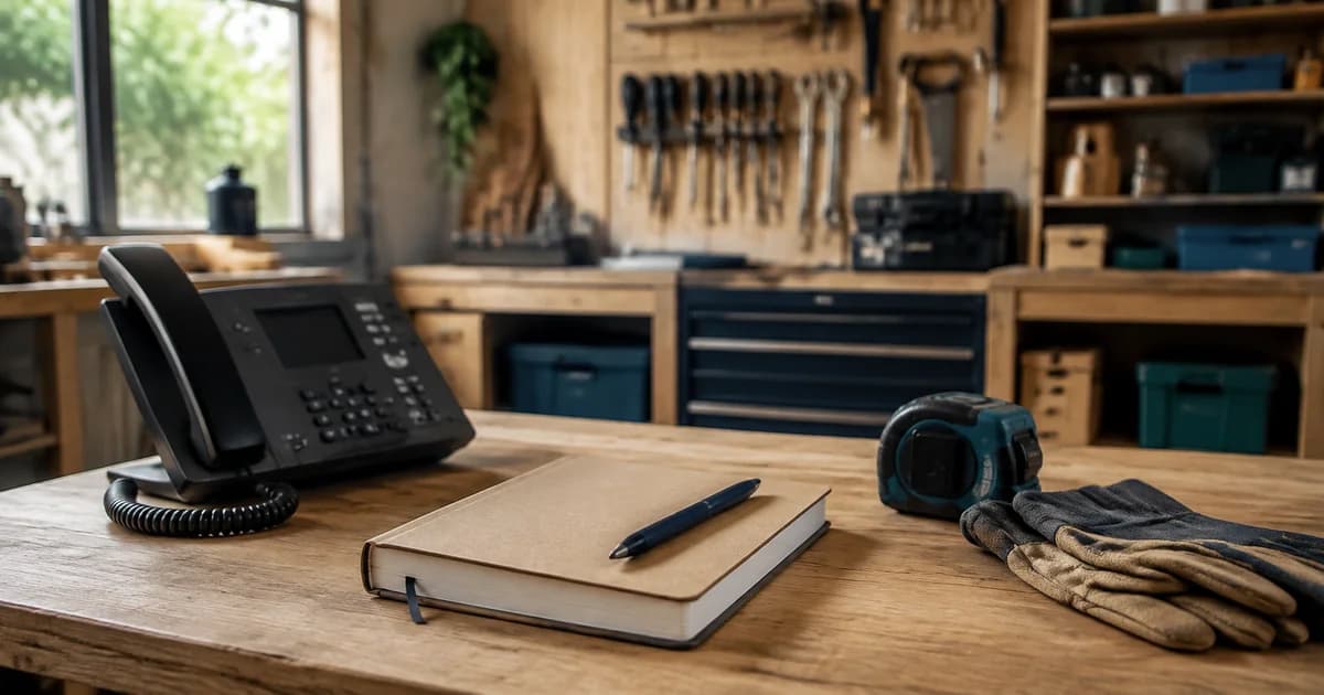 A workshop desk with a phone, job notebook, work gloves and tools