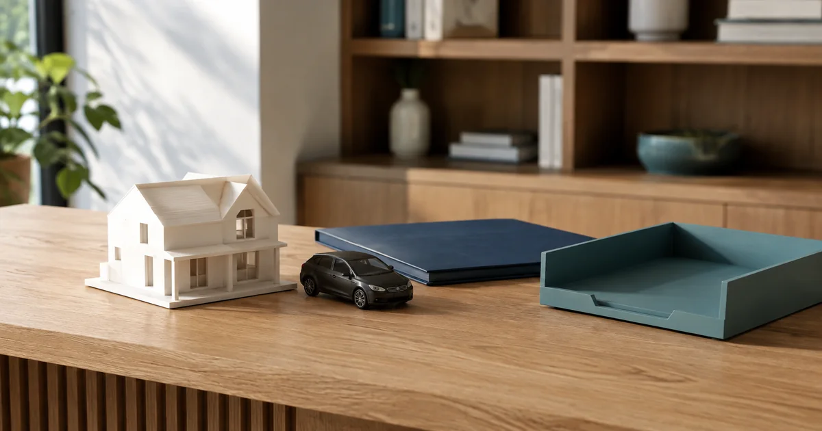 A model house and car beside a closed claims folder in an insurance office