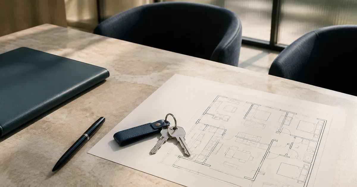 House keys and a residential floor plan arranged for a mortgage consultation