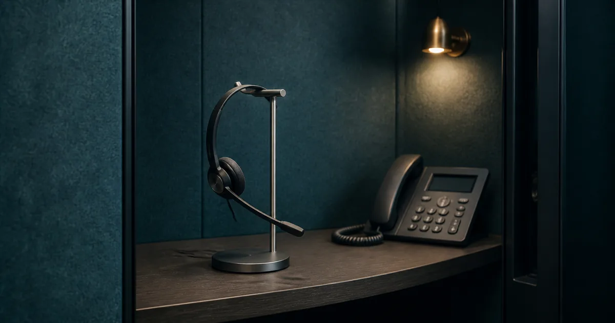 A headset and office phone inside a softly lit teal acoustic booth