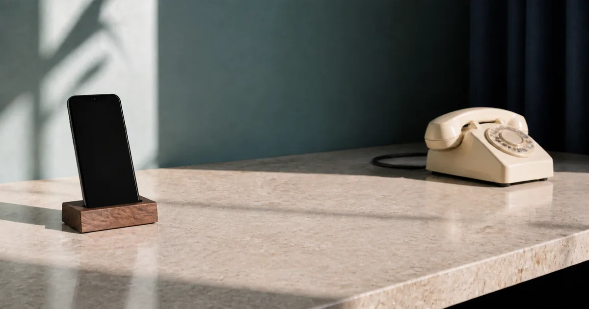 A mobile phone on a wooden stand opposite a cream desk telephone