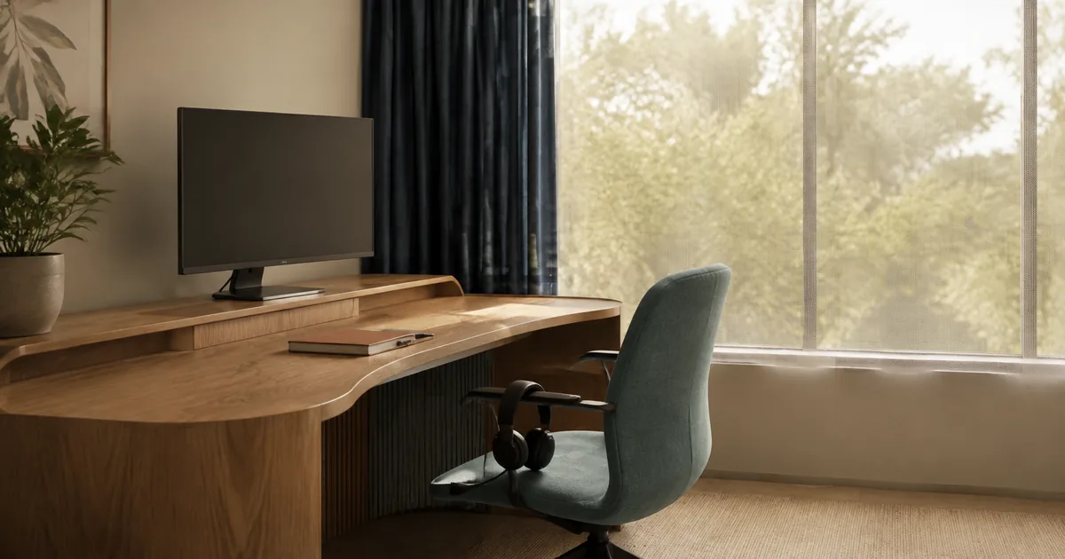 A remote reception workspace with a headset on a teal chair beside a window