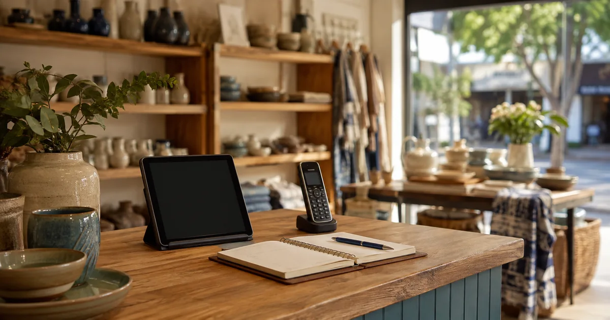 A homewares shop counter with a cordless phone, appointment book and point-of-sale tablet