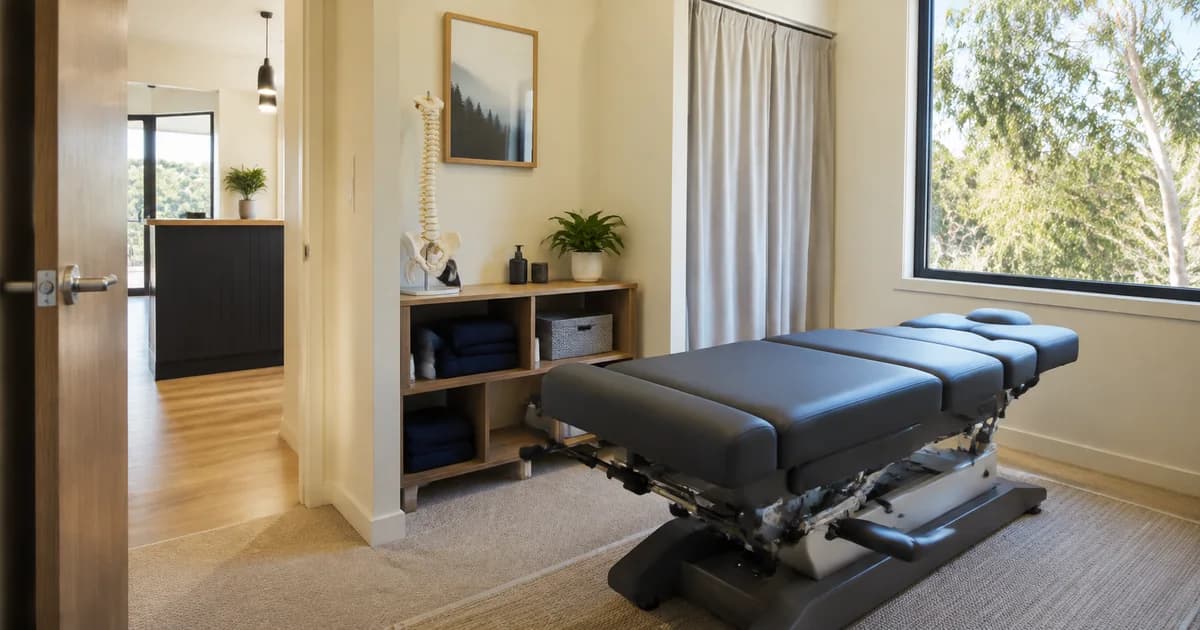 An empty chiropractic treatment room with an adjustment table and spine model