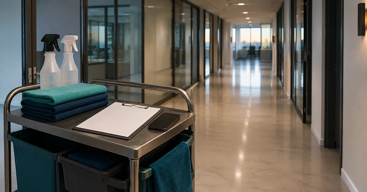 A commercial cleaning trolley with cloths, spray bottles, a quote pad and mobile phone