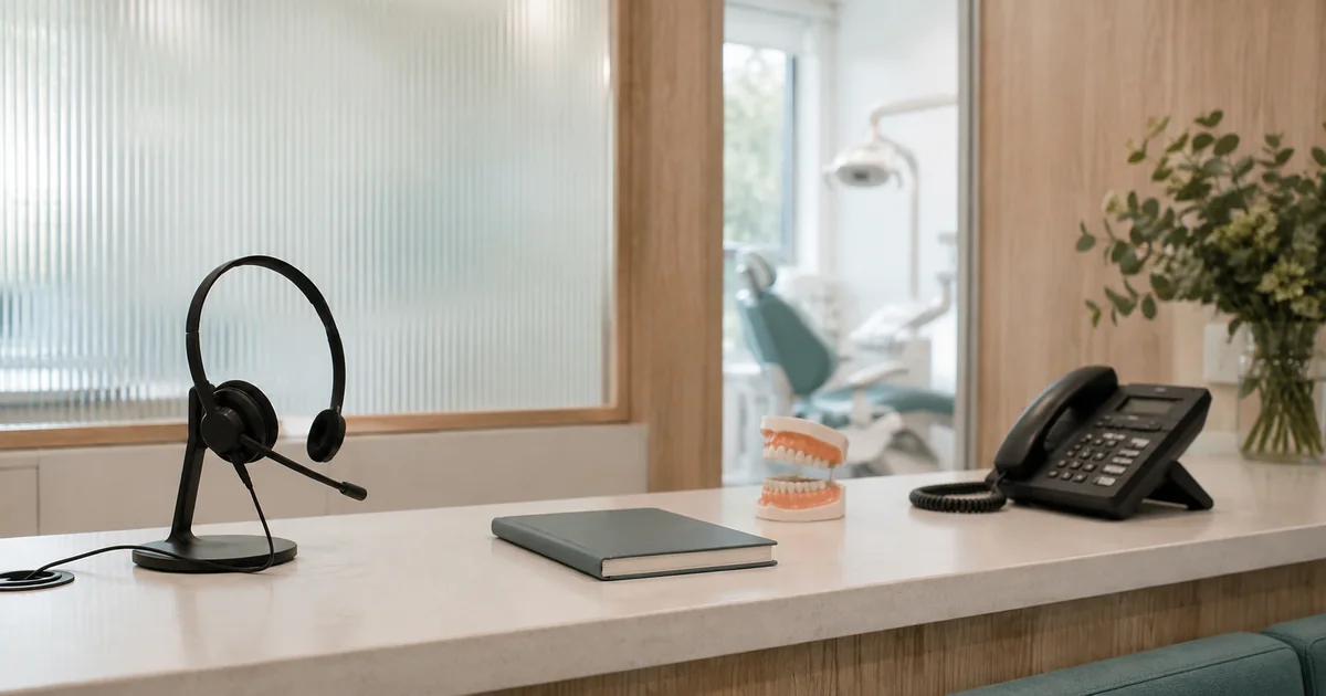 A dental reception workstation with a telephone, operator headset and tooth model