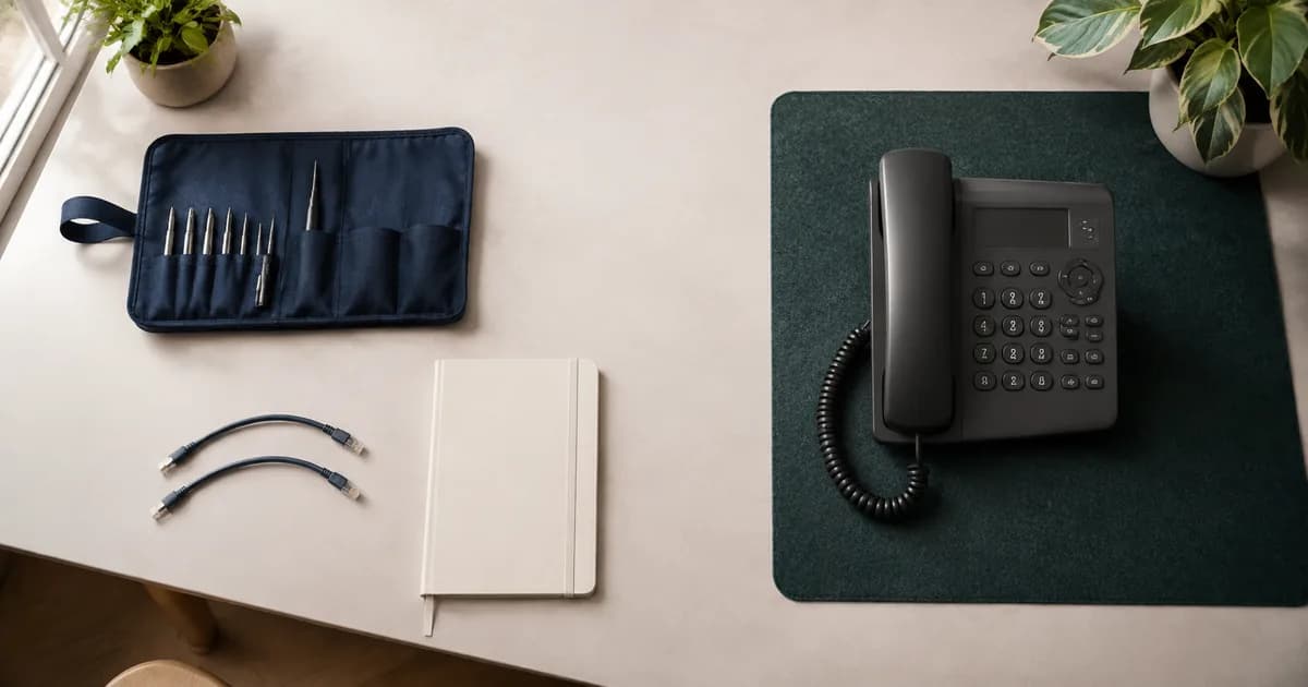 Telephone setup tools and network cables beside an assembled office phone