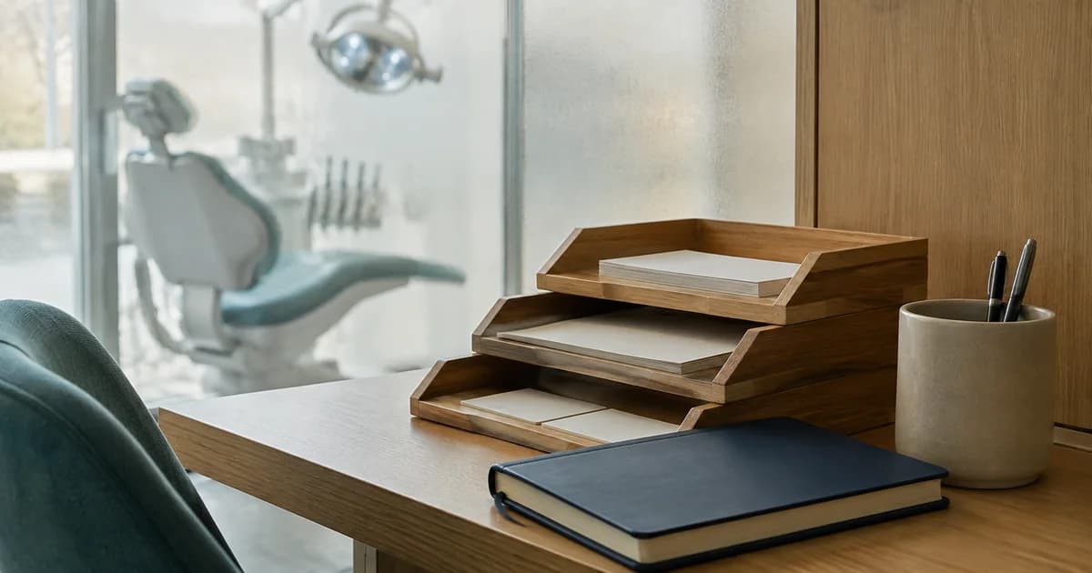 A dental practice follow-up station with appointment cards, organised trays and a diary