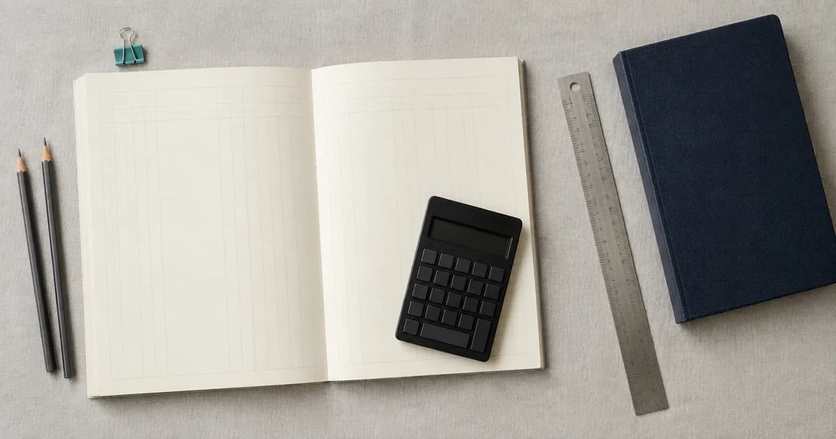 An overhead view of blank accounting worksheets, a calculator and pencils