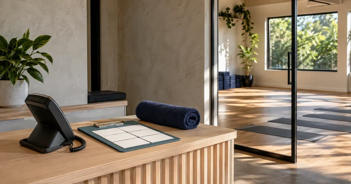 A quiet gym reception with a phone and blank class-planning materials beside a studio doorway