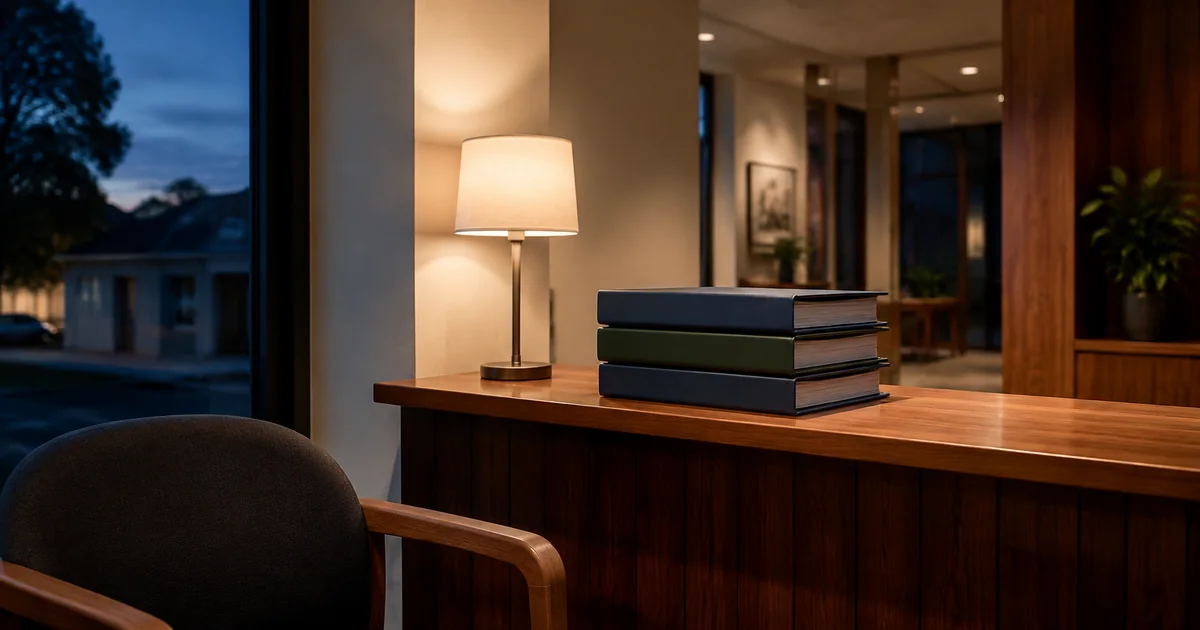 A quiet legal reception desk with closed case files in the early evening