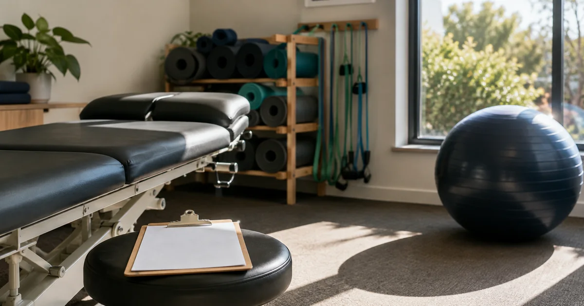 An empty physiotherapy exercise area with resistance bands, a treatment table and a blank clipboard
