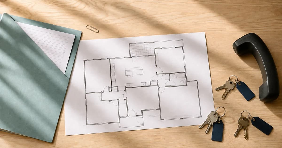 Property keys, a floor plan and blank maintenance request folders arranged on a property manager's desk