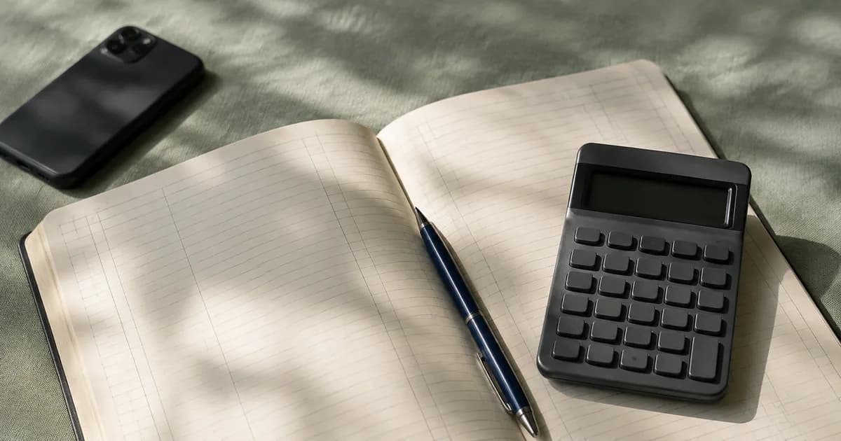 A blank business ledger with a calculator, pen and face-down mobile phone