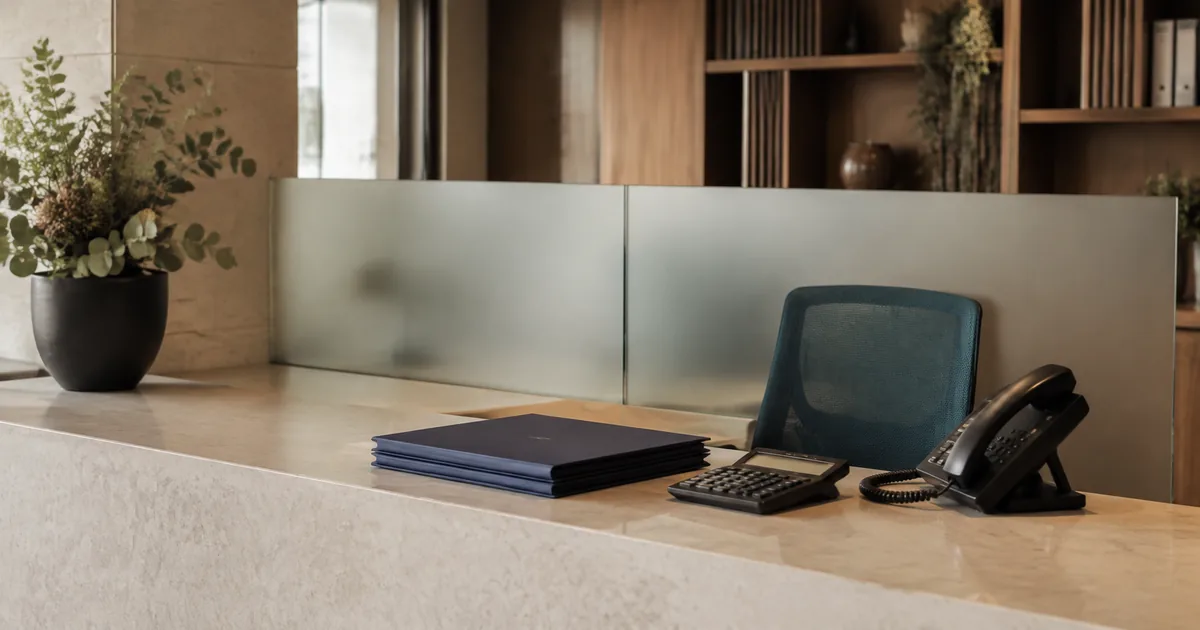 A reception counter with payroll folders, a calculator and an office telephone