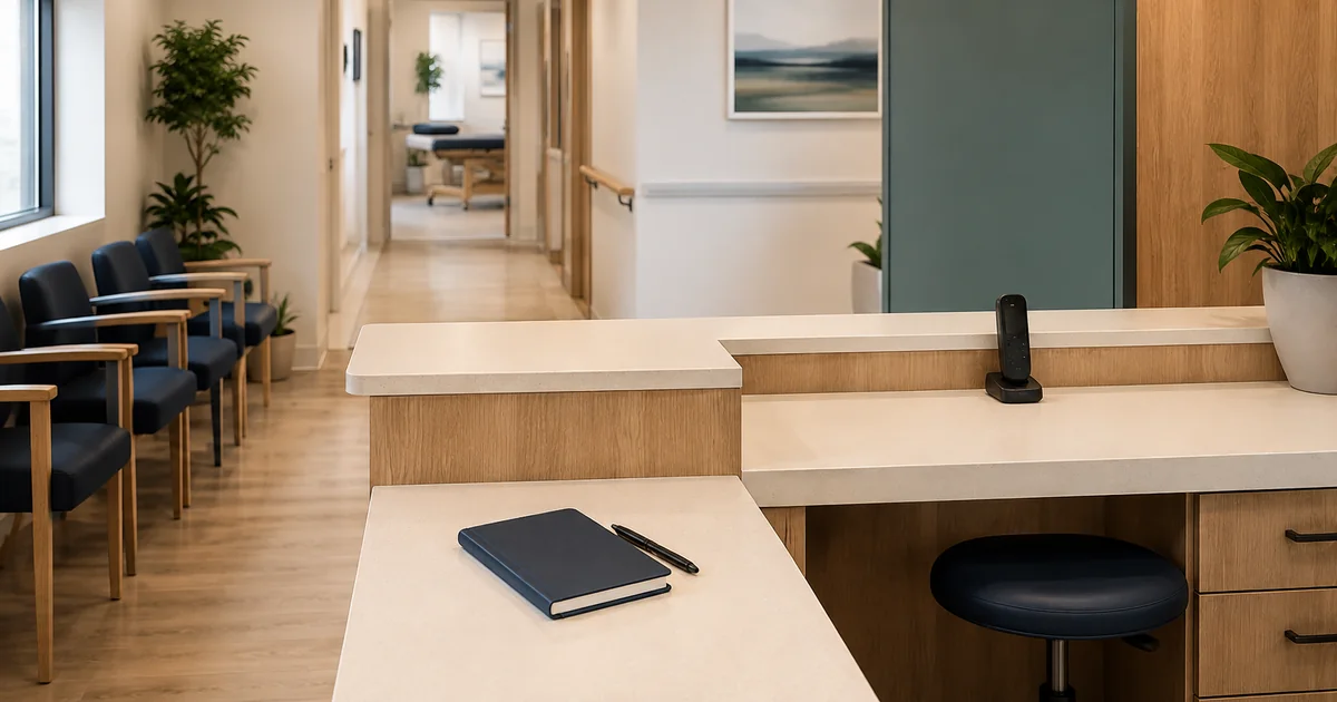 An organised clinic reception with separate check-in and callback work areas