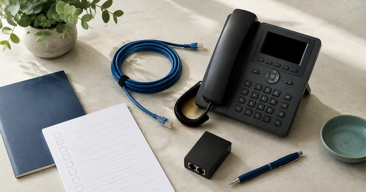 A desk phone, network cable and setup checklist laid out ready for installation