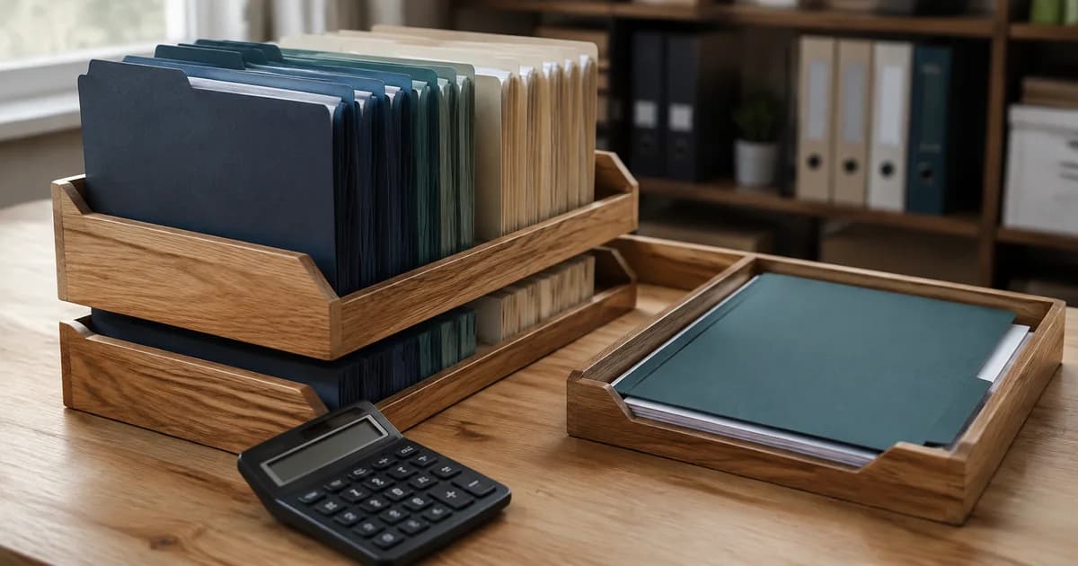 Colour-coded client folders and a calculator in an accounting office