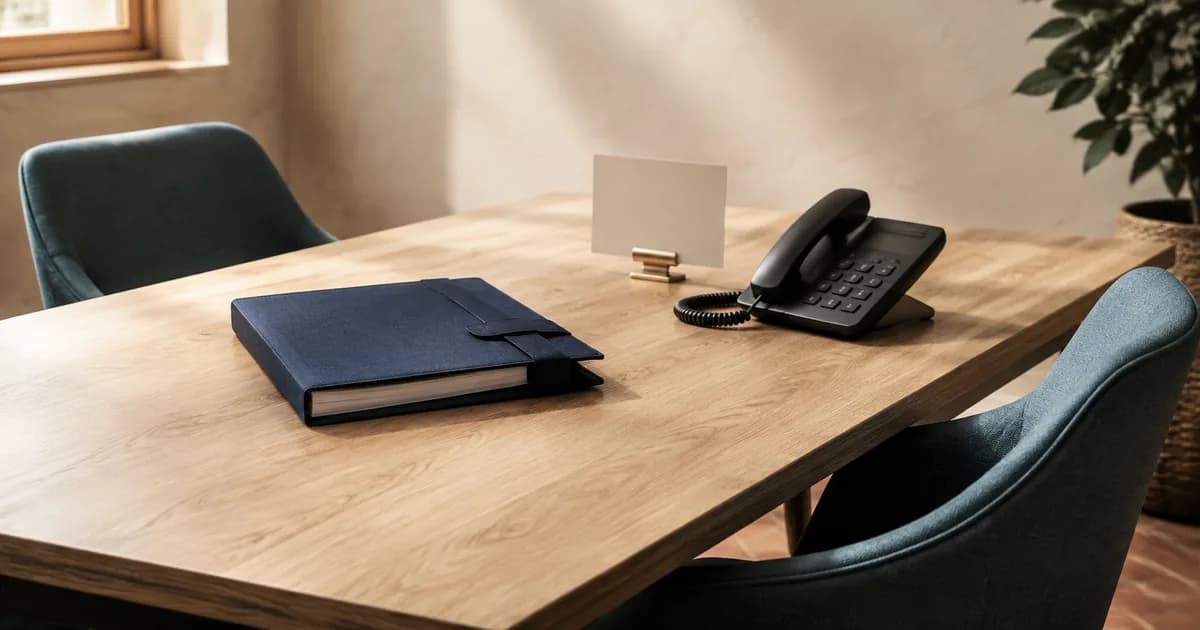 A navy project binder and office telephone arranged for a handover meeting