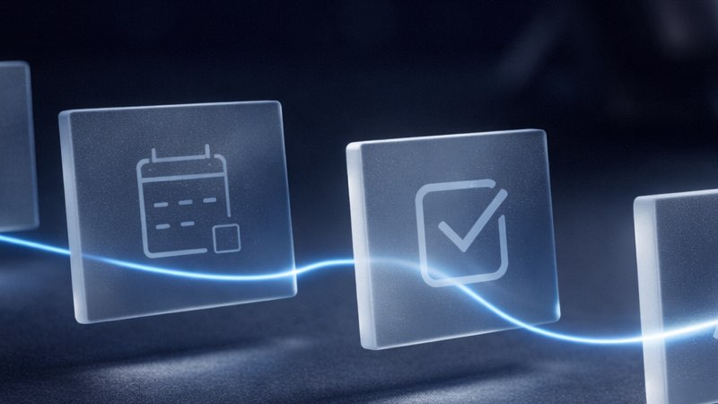 Customer journey tiles connected by a light wave representing handoff from voice to chat and next-step completion